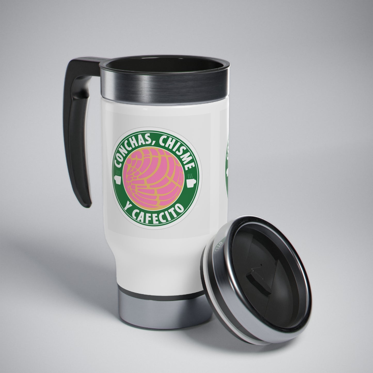 Conchas Chisme y Cafecito Stainless Steel Travel Mug with Handle, 14oz