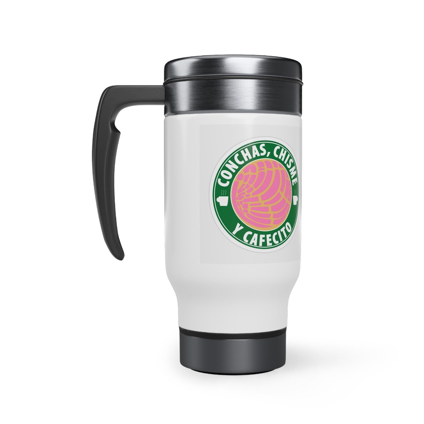 Conchas Chisme y Cafecito Stainless Steel Travel Mug with Handle, 14oz