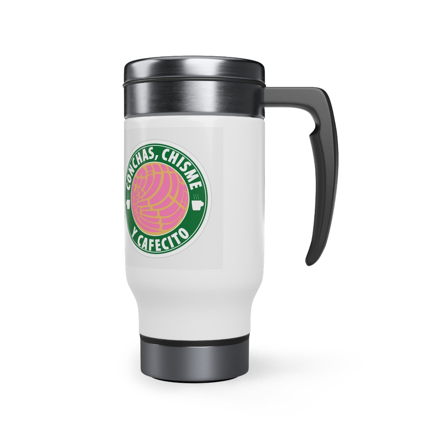 Conchas Chisme y Cafecito Stainless Steel Travel Mug with Handle, 14oz
