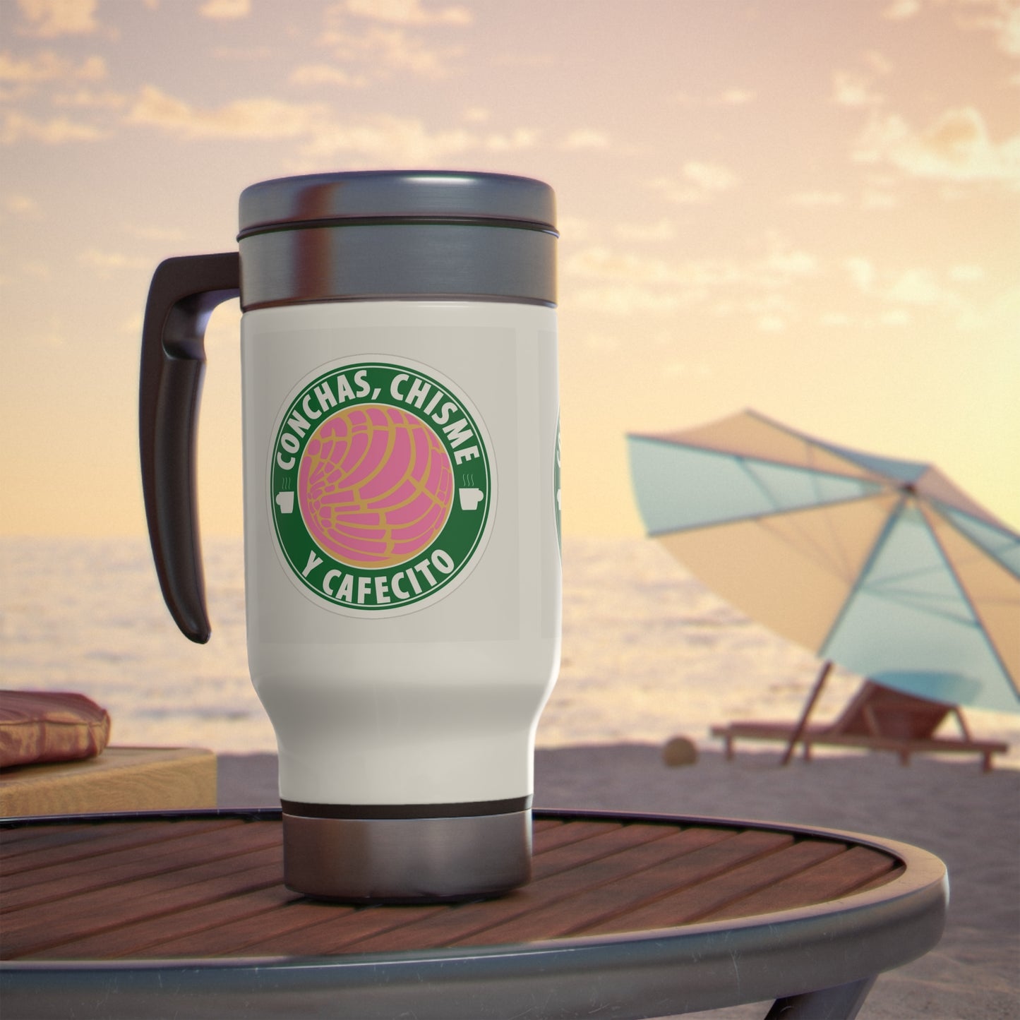 Conchas Chisme y Cafecito Stainless Steel Travel Mug with Handle, 14oz
