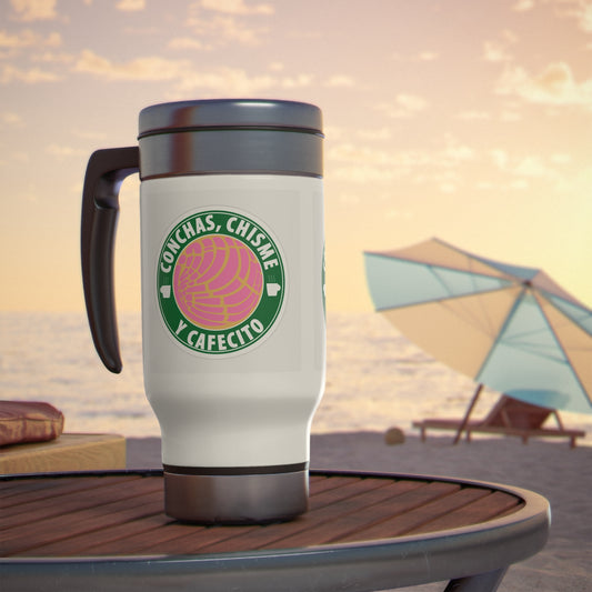 Conchas Chisme y Cafecito Stainless Steel Travel Mug with Handle, 14oz