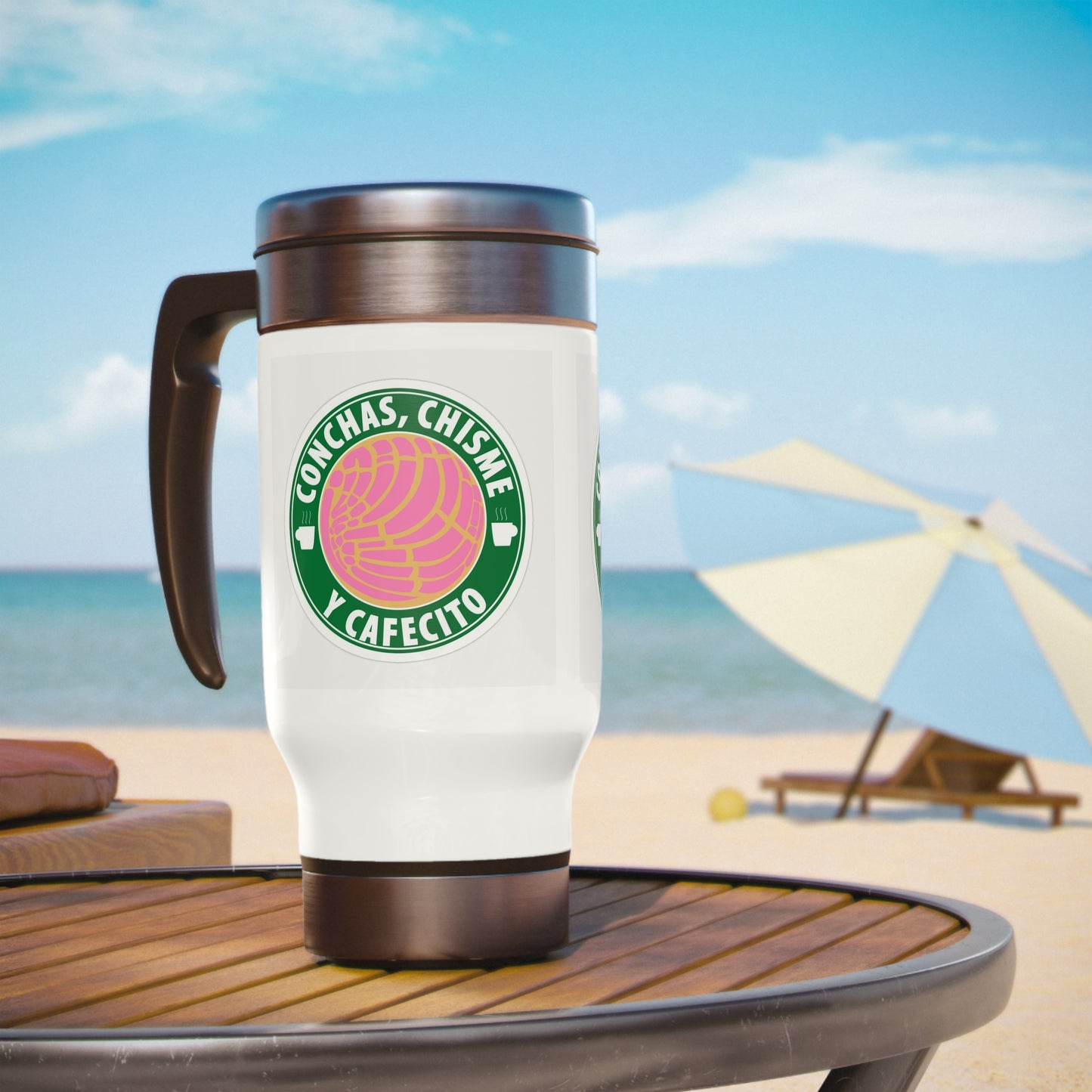 Conchas Chisme y Cafecito Stainless Steel Travel Mug with Handle, 14oz
